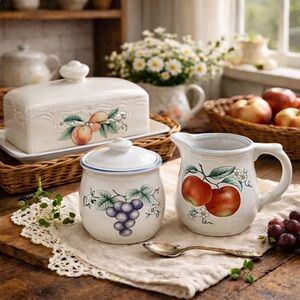 Vintage Farmhouse Fruit Stoneware 3 pc Set Butter Dish Creamer Sugar Cottagecore